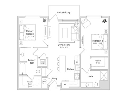Floor plan for 2 beds, 2 baths, 1040 sqft